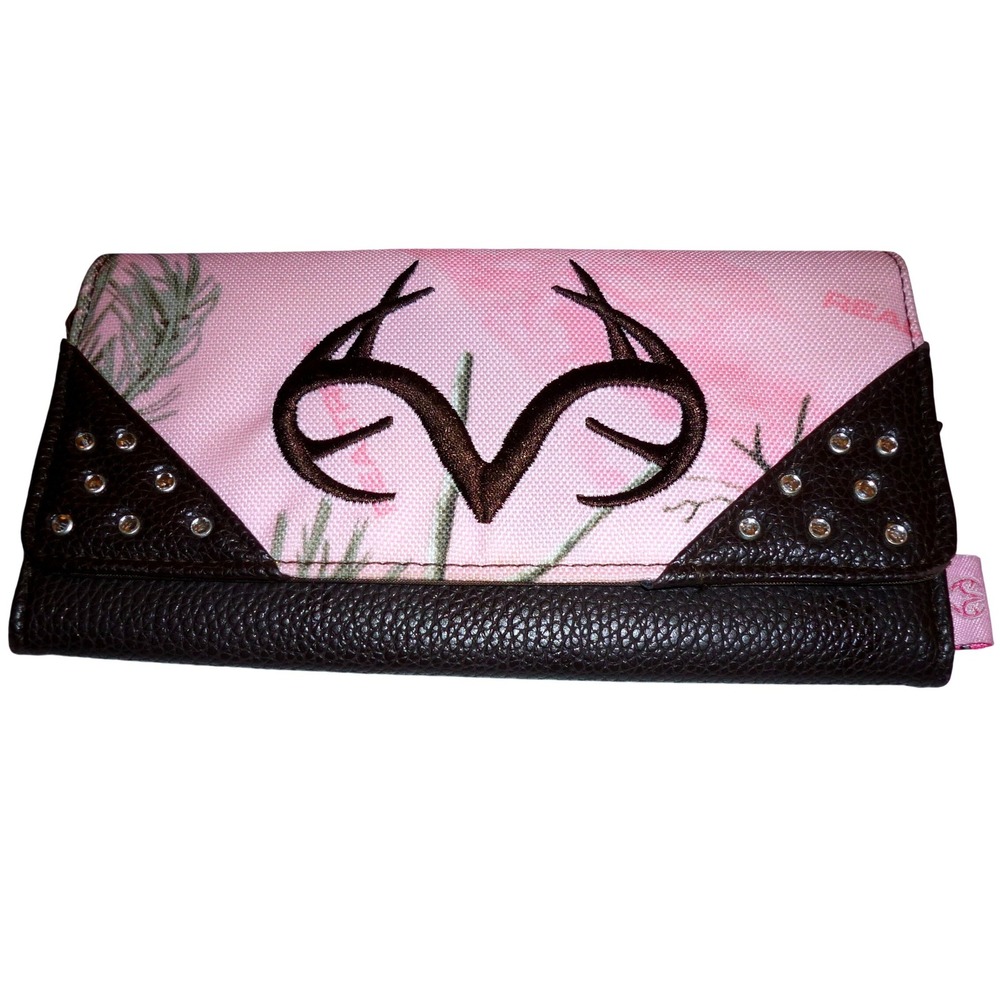 Realtree Pink Camo Trifold Wallet Embroidered Antler Rhinestone Accents Brown